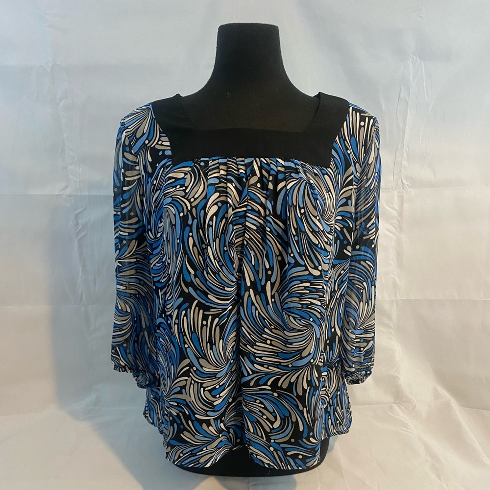 East 5th Long Sleeve 2 Layer Blue Swirl Chiffon Square Neck Top size XL